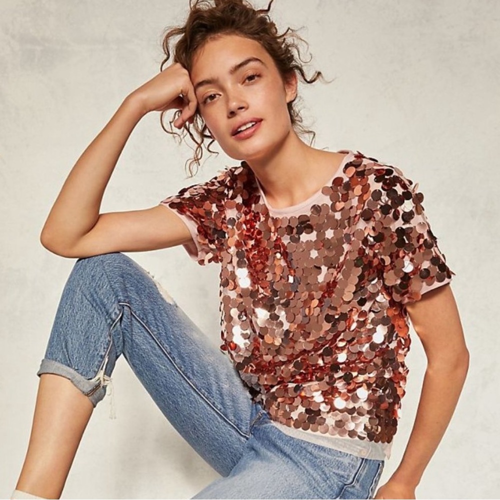 NWT Eva Franco Anthropologie Sallia Sequin Tee Rose Gold XXS